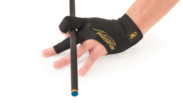 Predator Second Skin Black Gold Billiard Glove 30th Anniversary showing low-friction surface design and distinctive gold anniversary marking against black construction