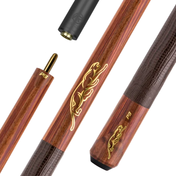 Predator P3 Prowler Pool Cue with alternating Rosewood and Rengas wood pattern and Lizard Grain Leather Wrap, featuring gold Predator Cat detail