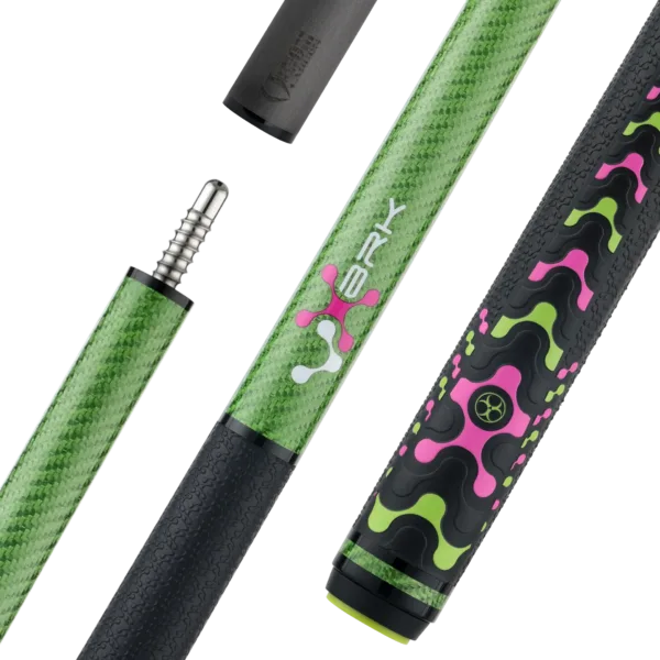 Poison VX Break Cue with Venom Carbon Fiber Shaft in green and pink two-tone gaming-inspired design