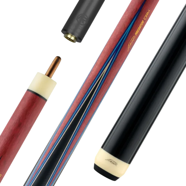 Predator CRM TrueSplice 4-Point 3-Cushion Carom Cue in purpleheart and blue wood construction, full cue view