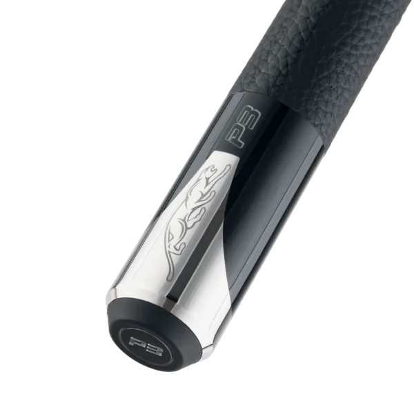 Bottom view of chrome cap and butt end of Predator P3 Black Pool Cue Leather Luxe Wrap
