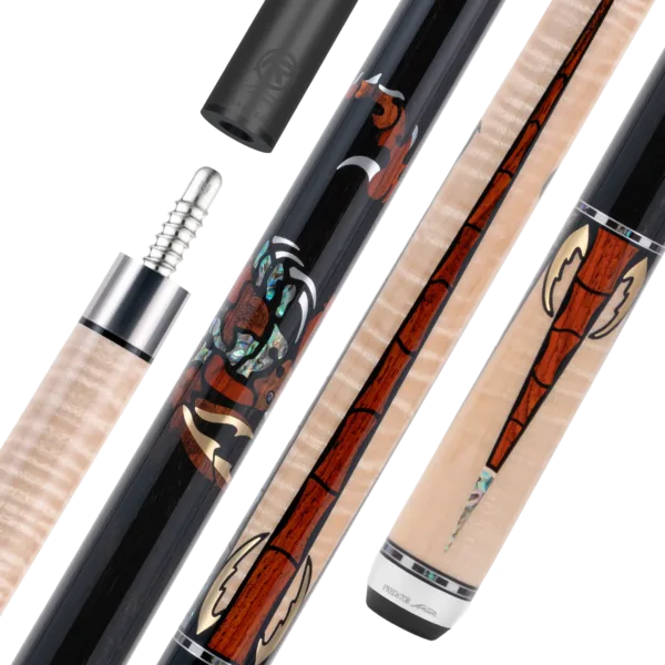 Predator Limited Edition Scorpion 1 Light Pool Cue with scorpion design, yellow metal accents, and iridescent segmented tail points