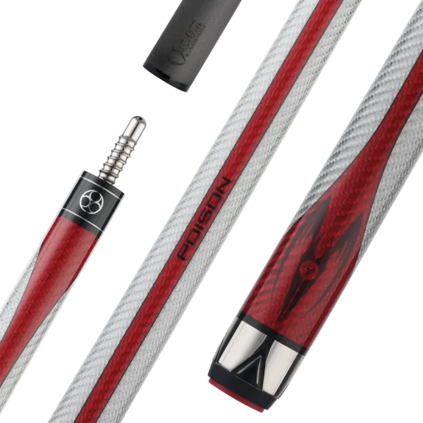 Poison Maelith pool cue gray red no wrap with 12.4mm Venom carbon fiber shaft full cue display