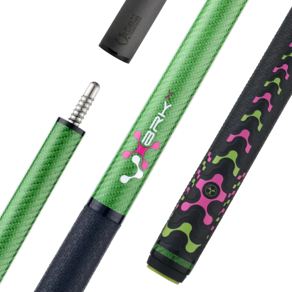 Poison VX Jump Break Cue with Venom Carbon Fiber Shaft in Green and Pink finish showing full length and butt cap detail