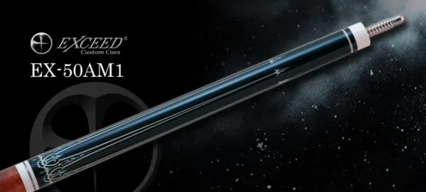 Full length view of Exceed EX-50AM1 billiard cue showing wavy joint and wood grip