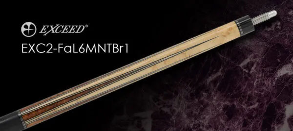 Exceed EXC2-FaL6MNTBr1 cue handle detail showing Birdseye maple and Thuya burl wood grain pattern with Irish linen wrap