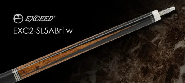 Close-up of Ebony and Amboyna burl wood grain detail on Exceed EXC2-SL5ABr1w cue butt