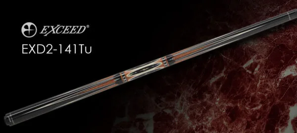 Exceed EXD2-141Tu billiard cue with no wrap wood grip, Ebony butt, and Ivory juma Paua shell inlays, full length view