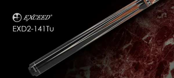 Exceed EXD2-141Tu billiard cue with no wrap wood grip, Ebony butt, and Ivory juma Paua shell inlays, full length view