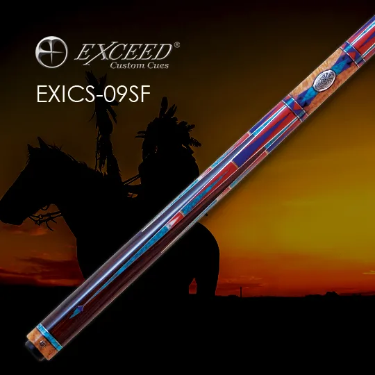 Exceed EXICS-09SF Santa Fe Collection billiard cue displaying Native American design inspiration with hand-cut Kirikane artistry and no-wrap wood grip