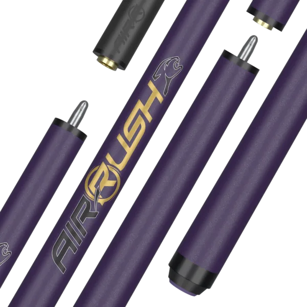 Predator Air Rush metallic purple jump cue no wrap with carbon composite shaft, showing full cue length and Victory Hard tip