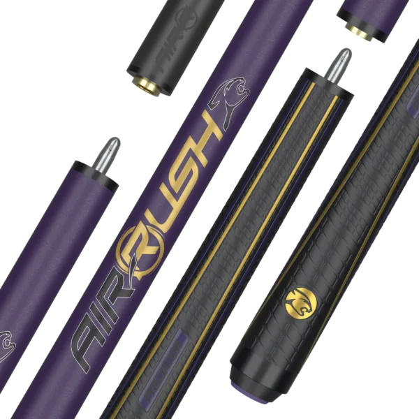 Predator Air Rush Purple Jump Cue with Sport Wrap grip, metallic purple gloss finish with gold accents, full length view with Uni-Loc quick-release joint