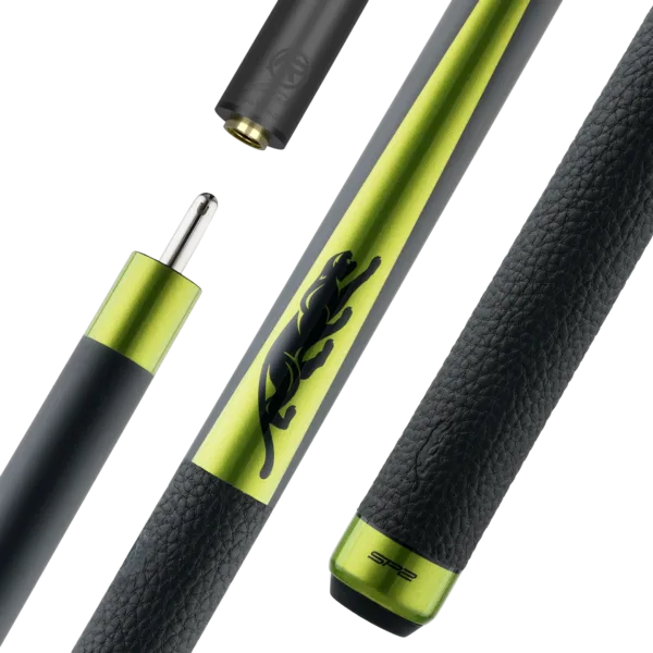 Predator SP2 Lime Green 1 pool cue with matte black forearm, metallic lime green points, Leather Luxe wrap, and Uni-Loc Quick-Release joint