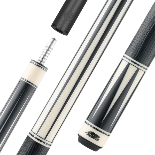Predator Limited Edition Artisan Ebony & Ivorine Pool Cue with 8 spliced Ivorine points, silver outlines, and black lizard grain leather wrap on natural wood background