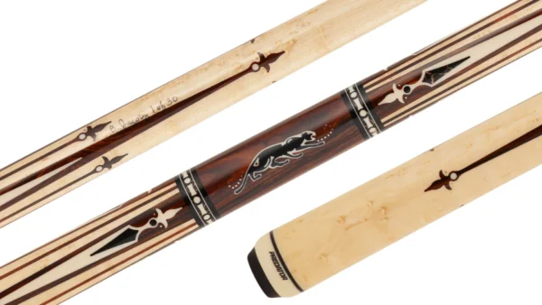 Predator Panthera Nitara 9-3 Special Edition pool cue with Cocobolo forearm, Pyrite inlays, Birdseye Maple construction, and Radial joint, displayed at full length