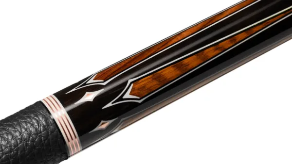 Close-up of rose gold alloy crown engraving and triple rings on Predator Throne 3-1 pool cue butt