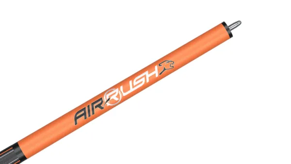 Full-length view of Predator Air Rush Flare Orange Jump Cue showing sport wrap and carbon composite construction
