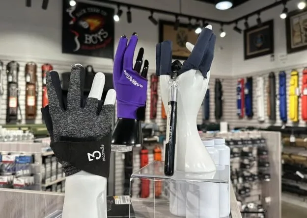 Billiard accessories including chalk, tips and cue glove